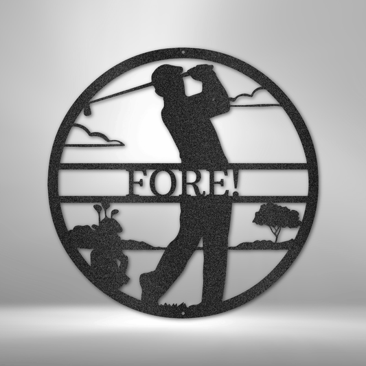 A golf-themed metal sign featuring the silhouette of a golfer mid-swing with the word "FORE!" across the center. The design includes a golf bag, tree, and clouds in the background. Made from 16-gauge steel with a powder-coated finish. Available in black, copper, bronze, silver, and white.