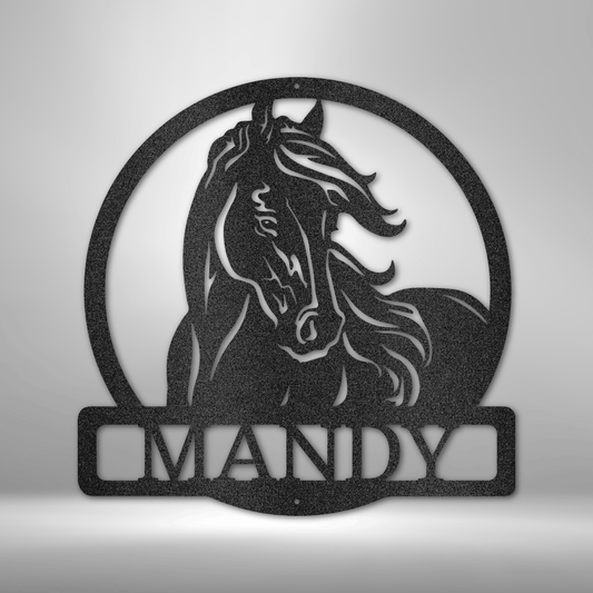 Custom metal horse sign featuring a majestic horse head silhouette with flowing mane, personalized with the name "Mandy." Available in Black, Copper, Bronze, Silver, and White.