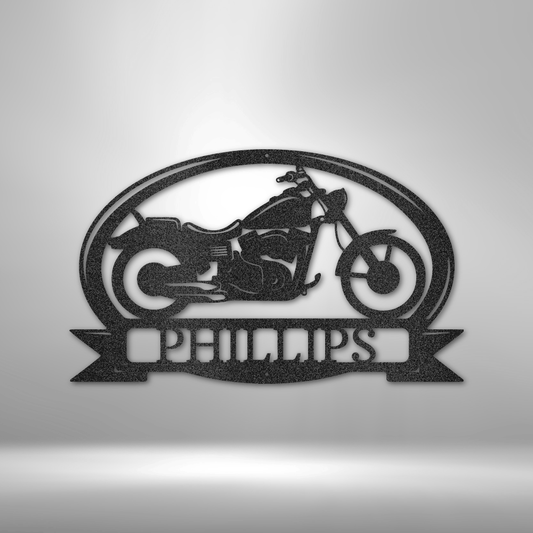 Custom steel chopper garage sign with personalized text, featuring a cruiser motorcycle and durable powder-coated finish.