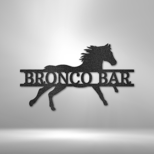 Custom metal sign featuring a galloping horse silhouette with "Bronco Bar" text. Perfect for Western-themed spaces, ranches, or home bars. Available in Black, Copper, Bronze, Silver, and White.