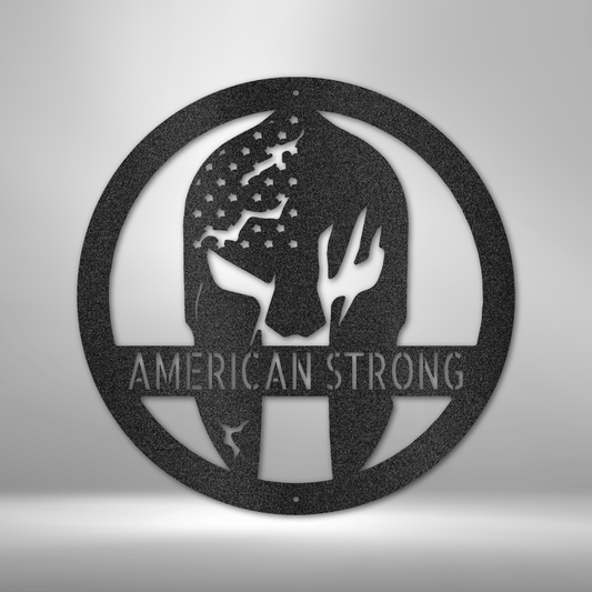 American Strong Metal Sign featuring a warrior skull with an American flag design. Durable 16-gauge steel, powder-coated for indoor & outdoor display.