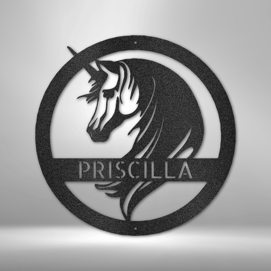 Custom unicorn horse metal sign with a personalized name, designed for horse lovers and equestrian décor. Powder-coated 16-gauge steel for indoor and outdoor use.