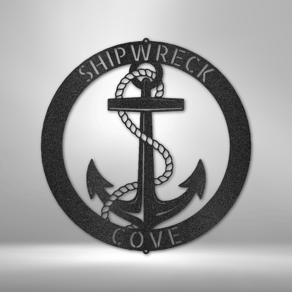 Personalized Nautical Anchor Metal Wall Art – Shipwreck Cove Design. Available in Black, Copper, Bronze, Silver, and White.