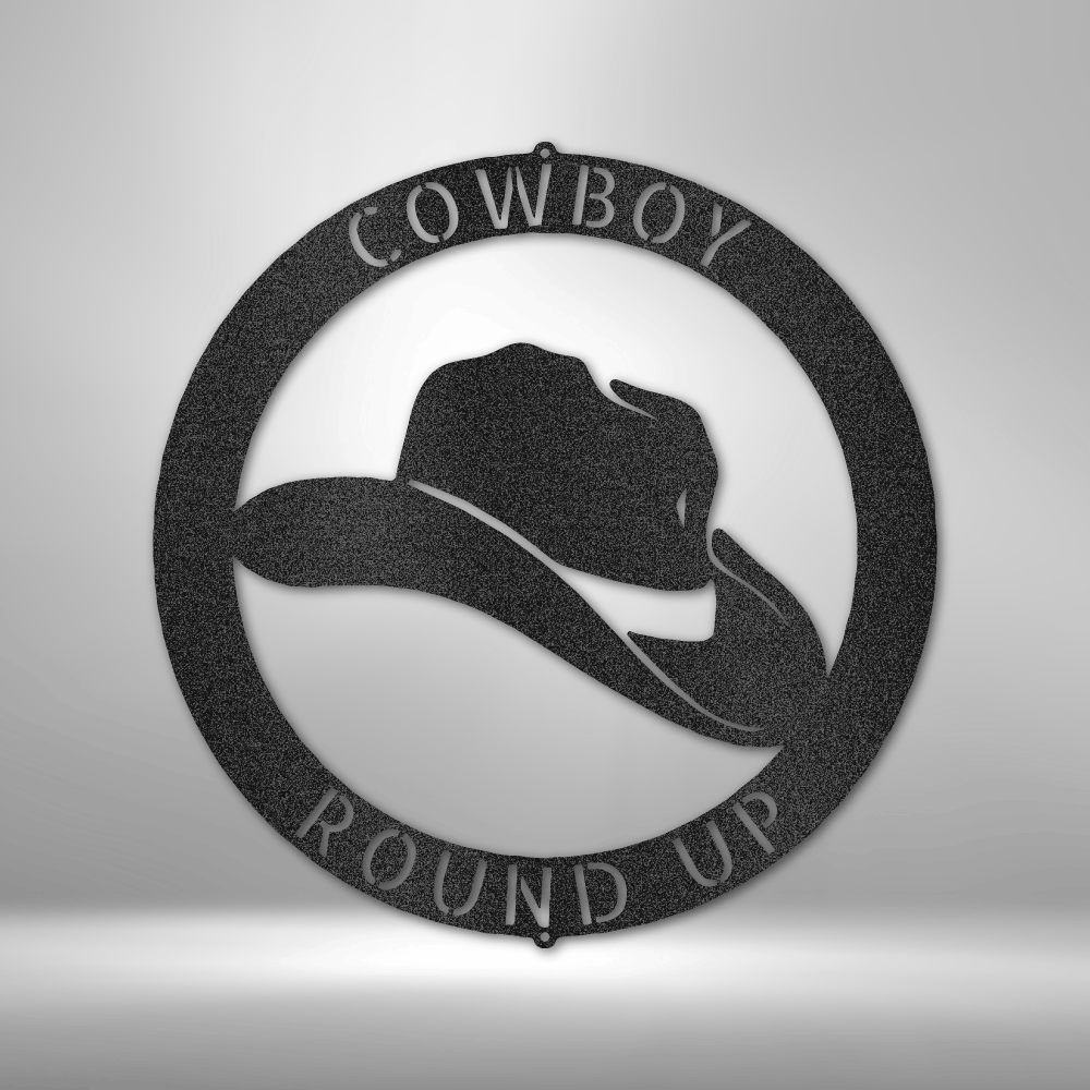 Custom metal cowboy sign featuring a silhouette of a cowboy tipping his hat, encircled by the words "COWBOY ROUND UP." Available in Black, Copper, Bronze, Silver, and White.