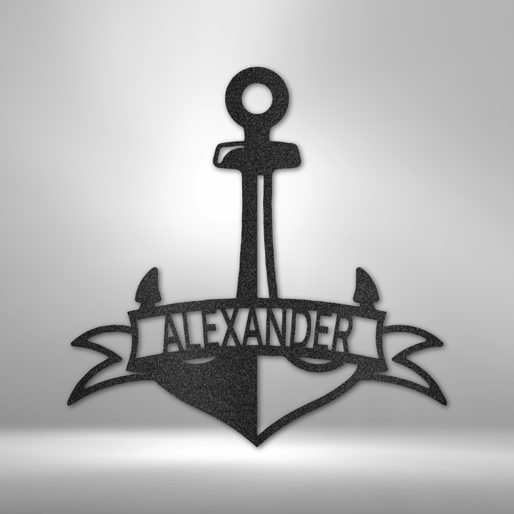 Customizable Anchor Metal Wall Art with Name Banner – Available in Black, Copper, Bronze, Silver, and White.