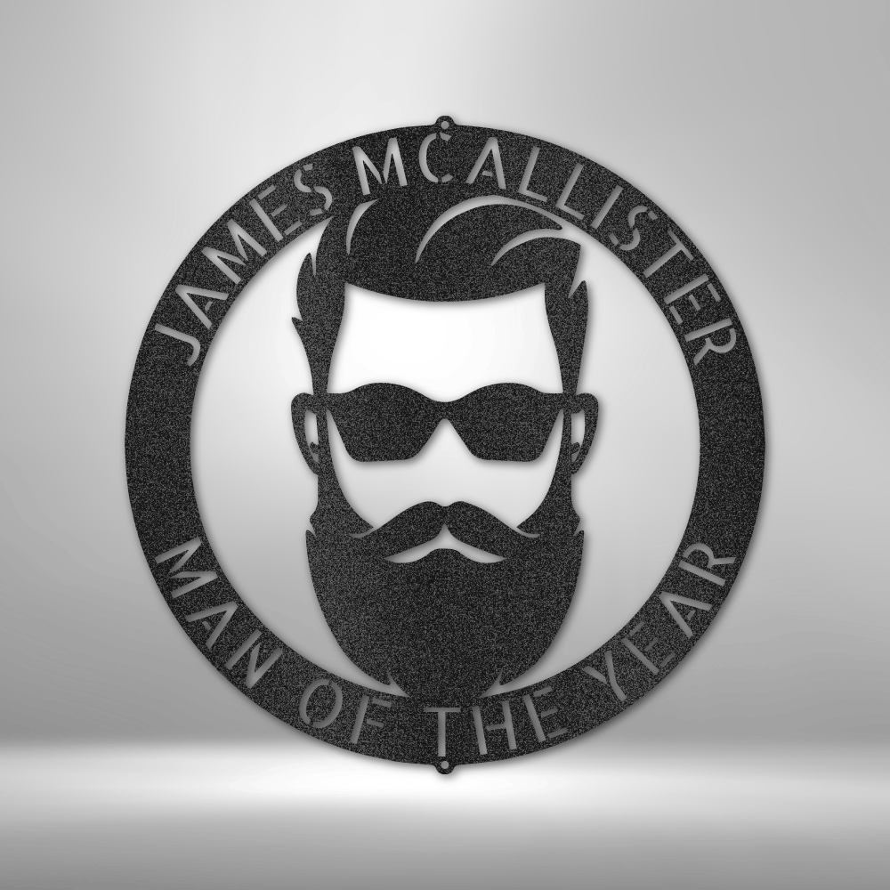 Custom bearded man steel sign, laser-cut from 16-gauge steel and powder-coated for indoor and outdoor durability. Personalizable with a name and title. Available in Black, Silver, White, Copper, and Bronze finishes.

