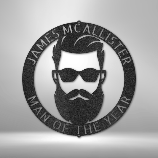 Custom bearded man steel sign, laser-cut from 16-gauge steel and powder-coated for indoor and outdoor durability. Personalizable with a name and title. Available in Black, Silver, White, Copper, and Bronze finishes.

