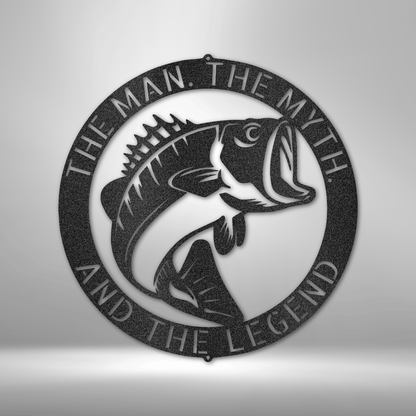 Bass Fishing Metal Wall Art – "The Man, The Myth, The Legend" Design. Available in Black, Copper, Bronze, Silver, and White.