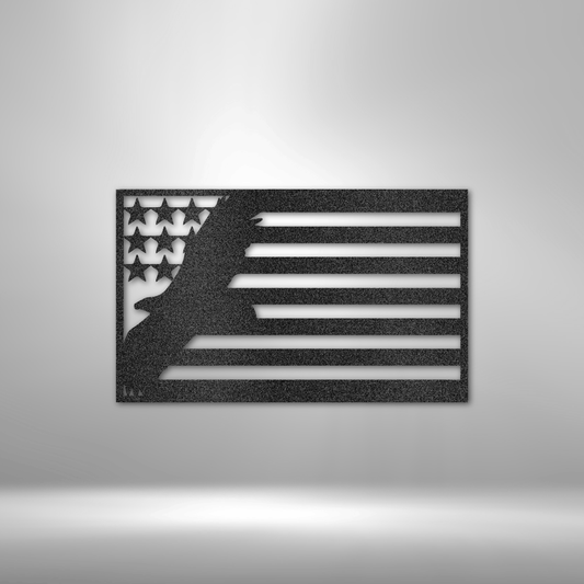 Steel wall sign featuring an eagle silhouette blended into the American flag design, made from 16-gauge steel, powder-coated for durability. Available in Black, Silver, White, Copper, and Bronze finishes.