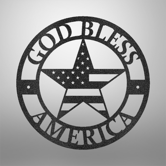 Round God Bless America steel sign featuring a five-point patriotic star with the American flag design, precision-cut from 16-gauge steel.