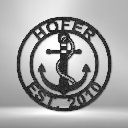 Custom Nautical Anchor Metal Wall Art – Personalized Name & Date. Available in Black, Copper, Bronze, Silver, and White.