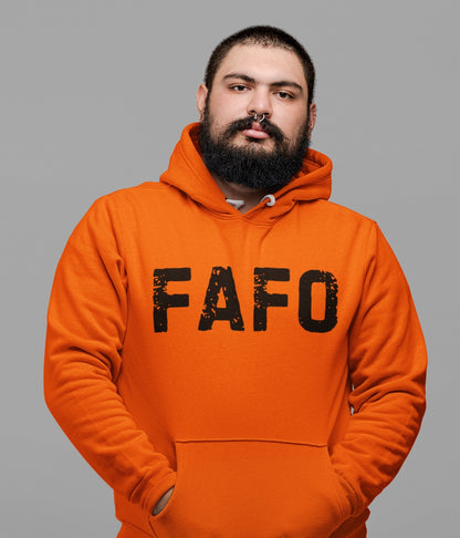 Orange hoodie featuring a bold FAFO definition design, spelling out the meaning of FAFO with phonetic pronunciation, synonyms, and usage. What does FAFO mean? This hoodie lets everyone know. Available in 14 colors.