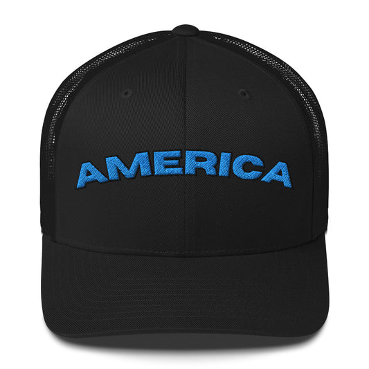 AMERICA arched trucker hat with blue embroidered lettering on a breathable mesh snapback cap.